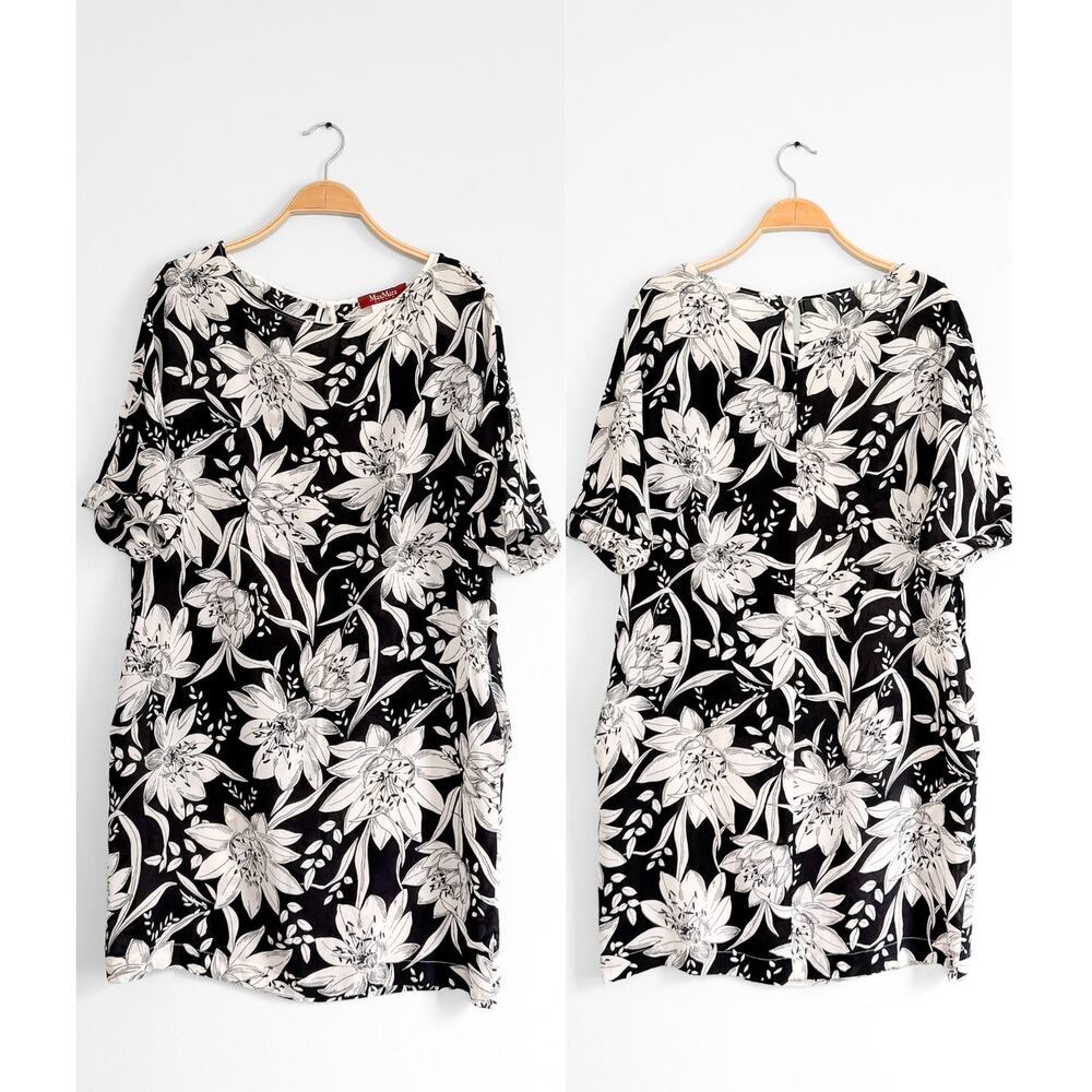Max Mara Studio Black White Silk Large Floral Shift Dress - Picture 4 of 11